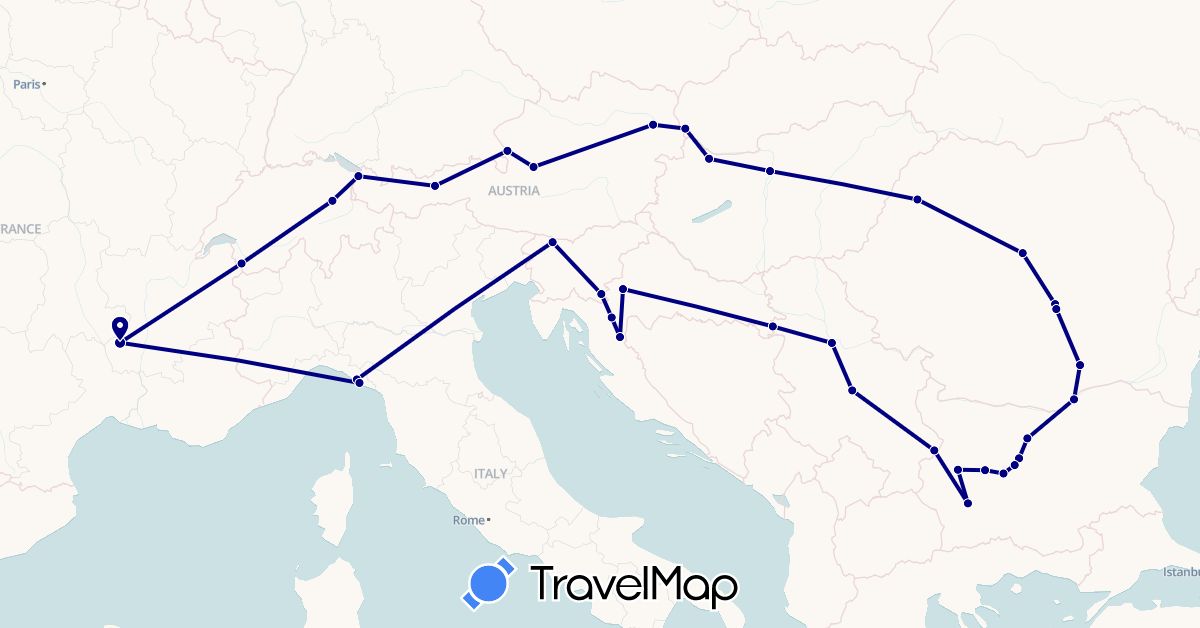 TravelMap itinerary: driving in Austria, Bulgaria, Switzerland, France, Croatia, Hungary, Italy, Romania, Serbia, Slovenia, Slovakia (Europe)